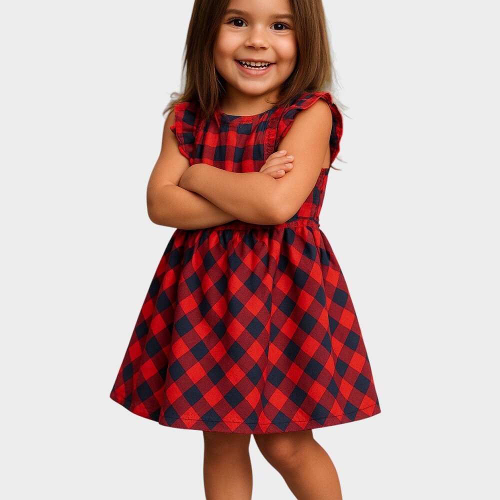 Cat & Jack Baby Girls 6-9M Red Navy Plaid Ruffle Sleeve A-Line Holiday Dress